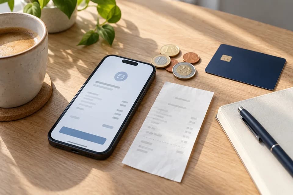 Smartphone payment summary, euro coins, a receipt and an unbranded payment card on a desk