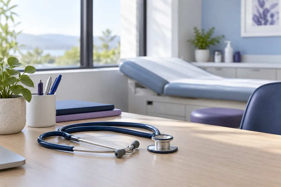 Stethoscope and equipment on a quiet clinical desk