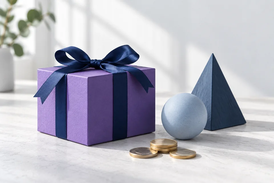 Purple gift box, abstract figures and coins