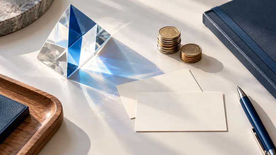 Glasprisma, Münzstapel und unbeschriftete Karten zur jährlichen Investmentsteuerplanung