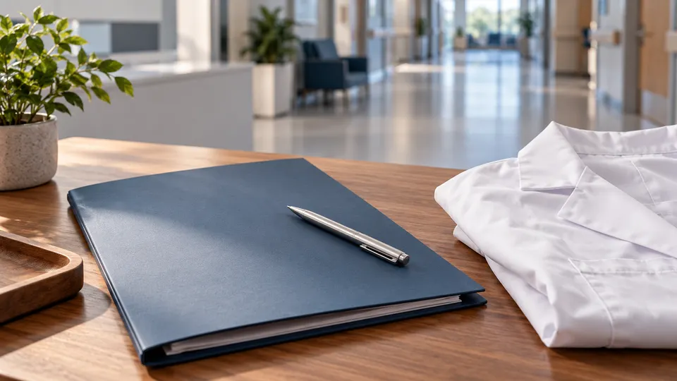 Employment folder, pen and folded white clinical coat on a wooden desk