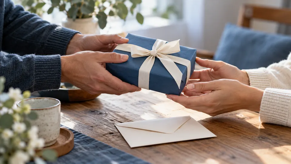Hands passing a blue gift wrapped with a pale cotton ribbon