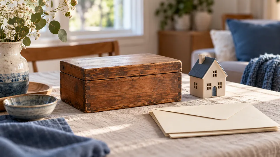 Erinnerungskästchen aus Holz, Keramikhaus und Umschläge auf Leinen