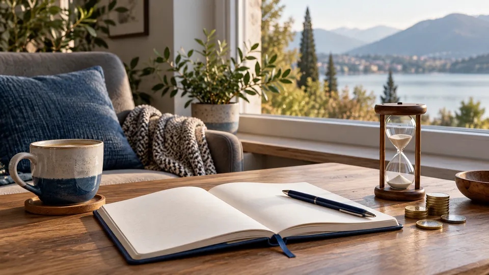 Reading nook with a budget notebook, cup and hourglass