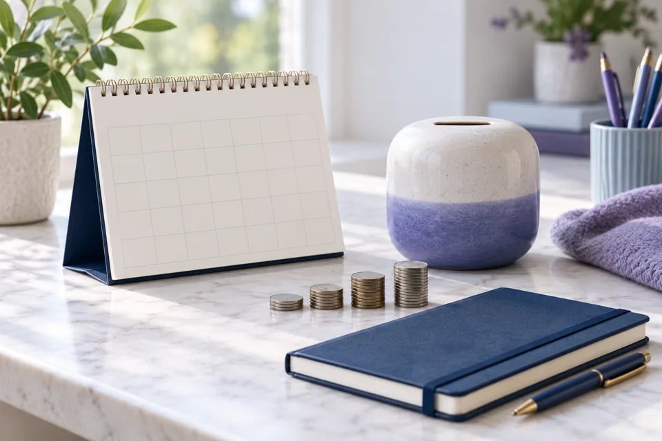 Desk calendar, savings jar, coins and navy notebook